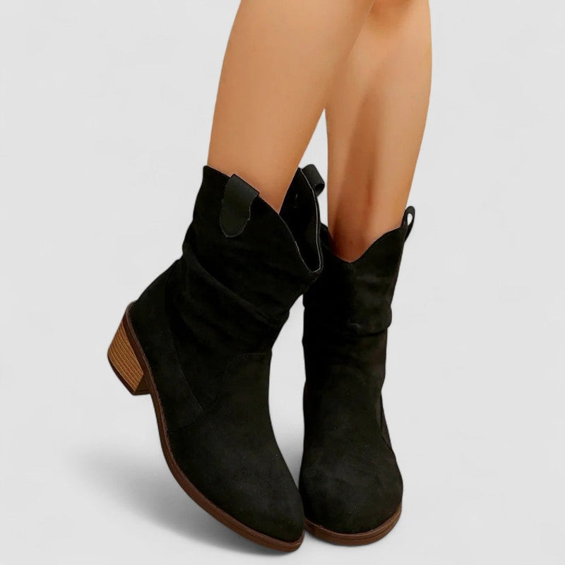 Brown mid-calf boots styled with a flowy skirt for an everyday chic look