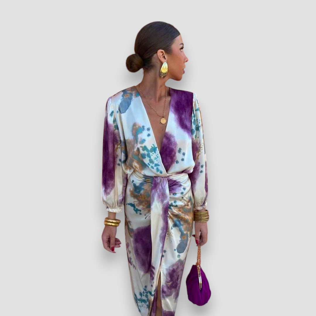 Full-length side view of the floral blouse and midi skirt set highlighting the elongated, dress-like silhouette