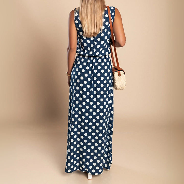 Close-up of polka dot fabric detail on a lightweight maxi dress