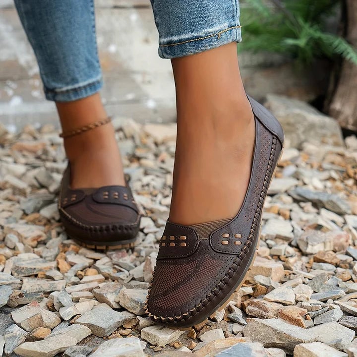 Paulette orthopedic flats in all four colors—beige, brown, coffee, light pink—flat lay