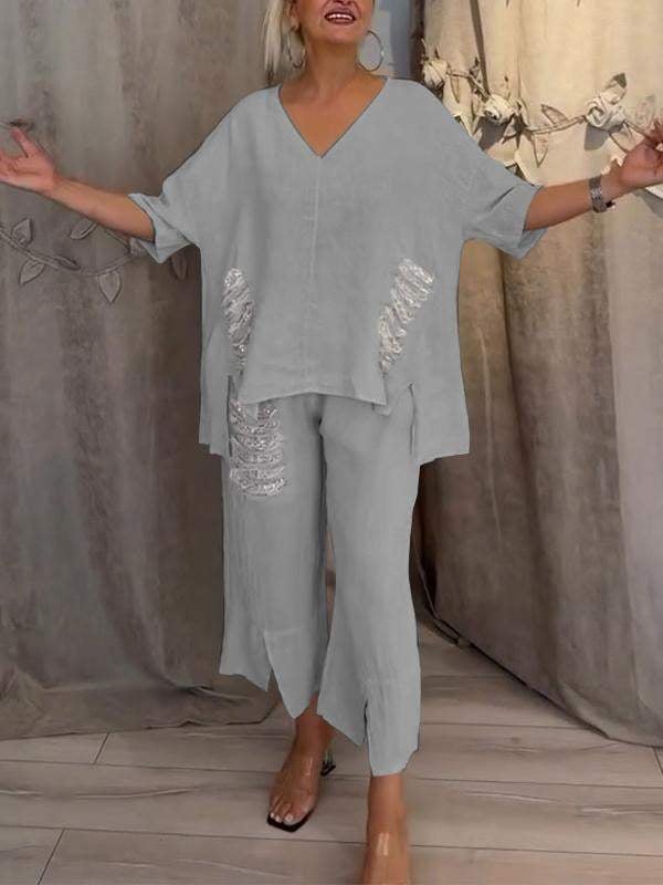 Pearl linen 2-piece set styled in blue colorway showing the coordinated top and cropped wide-leg pants