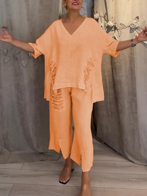 Pearl linen 2-piece set in gray tone on model demonstrating the wide-leg pant fit and length