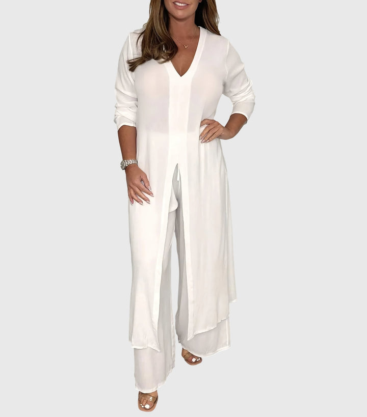 Front view of the duster cardigan two-piece set showing the deep V-neckline and floor-length open-front layer