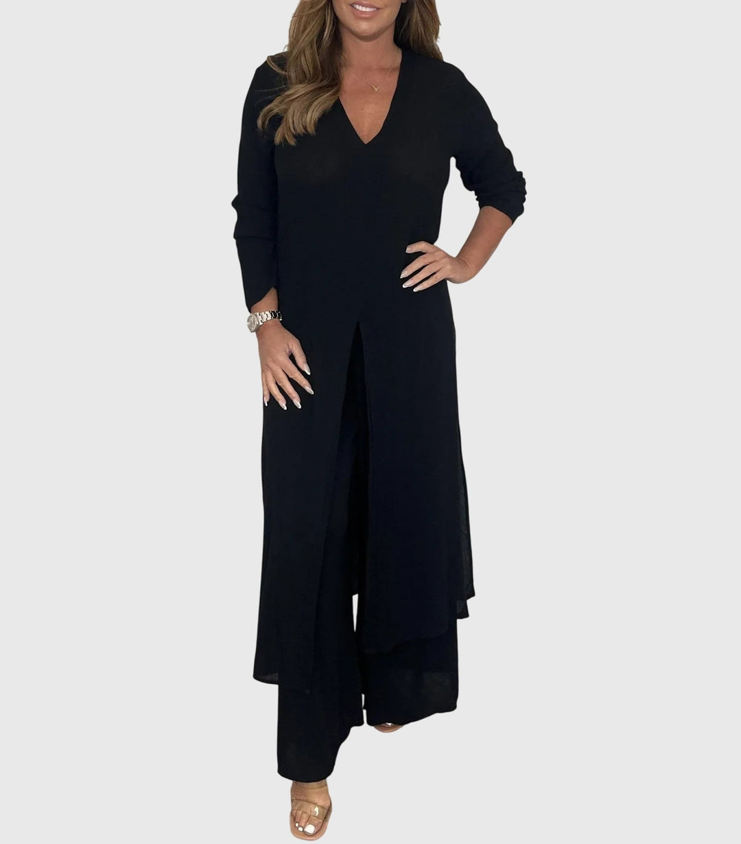 Side view of the wide-leg pants from the two-piece duster set highlighting the flowing silhouette