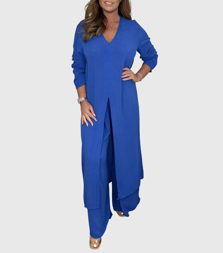 Close-up of the elastic waistband and wide-leg pants from the coordinating cardigan set