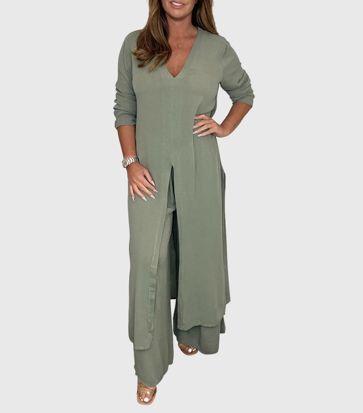 Flat lay of the duster cardigan and wide-leg pants two-piece set showing color and fabric detail