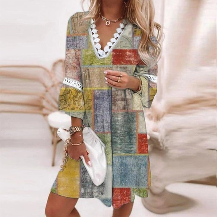 Woman styling the Penelope boho mini dress in yellow with sandals for a casual daytime look