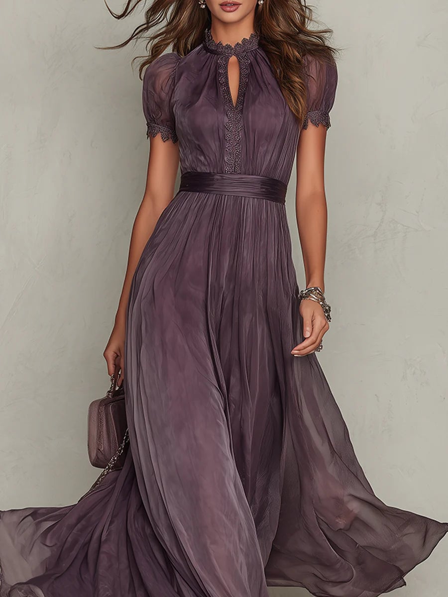 Back view of the Penelope purple maxi dress highlighting the silhouette and sleeve detail
