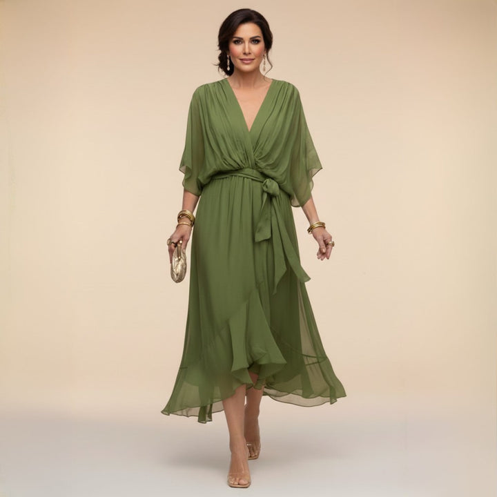 Women's V-neck wrap midi dress in green with adjustable tie waist and 3/4 sleeves