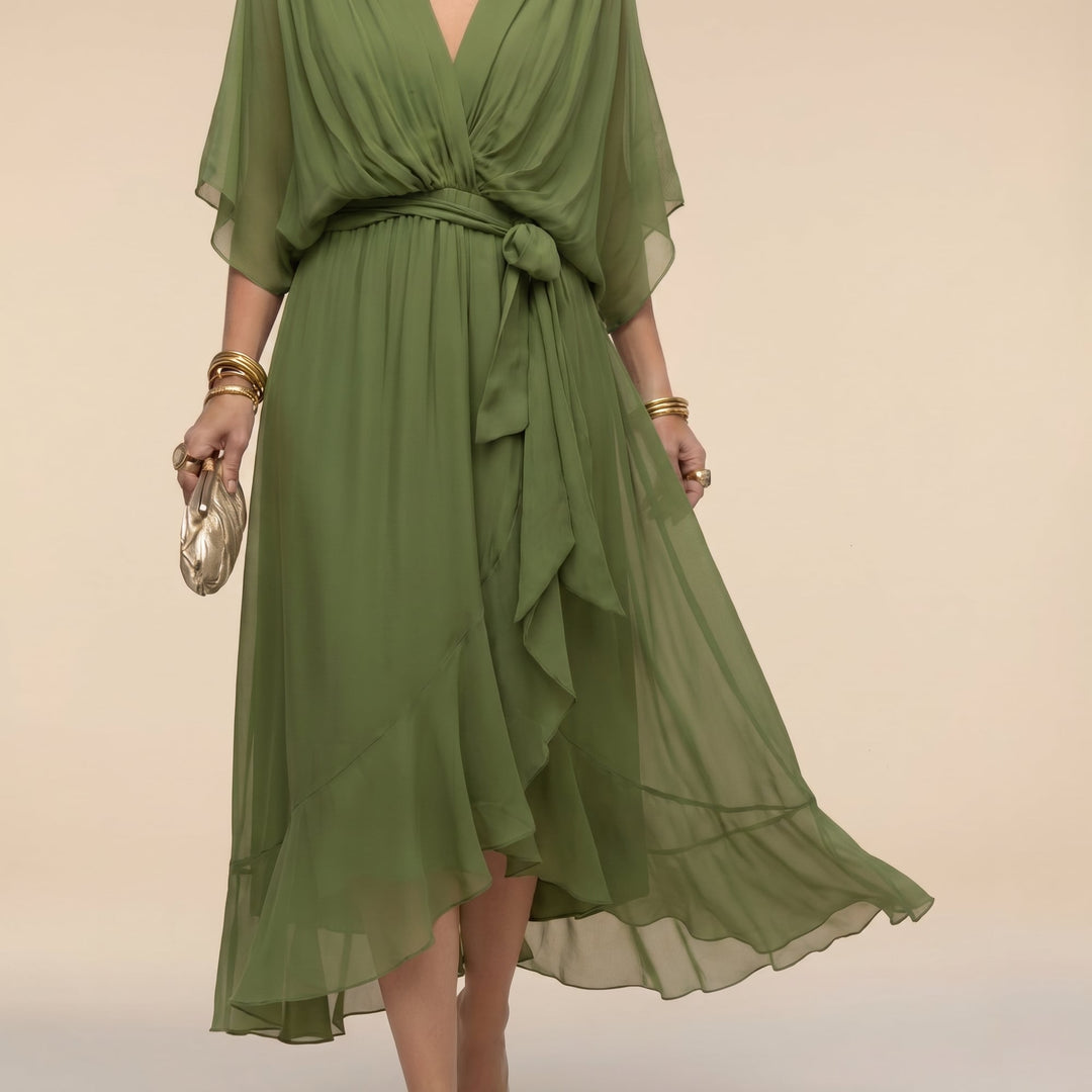 Front view of V-neck wrap midi dress showing flattering silhouette and midi length