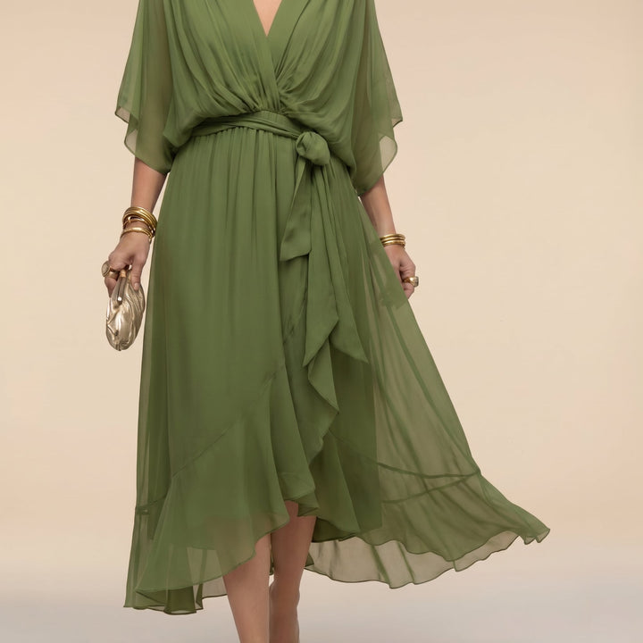 Front view of V-neck wrap midi dress showing flattering silhouette and midi length