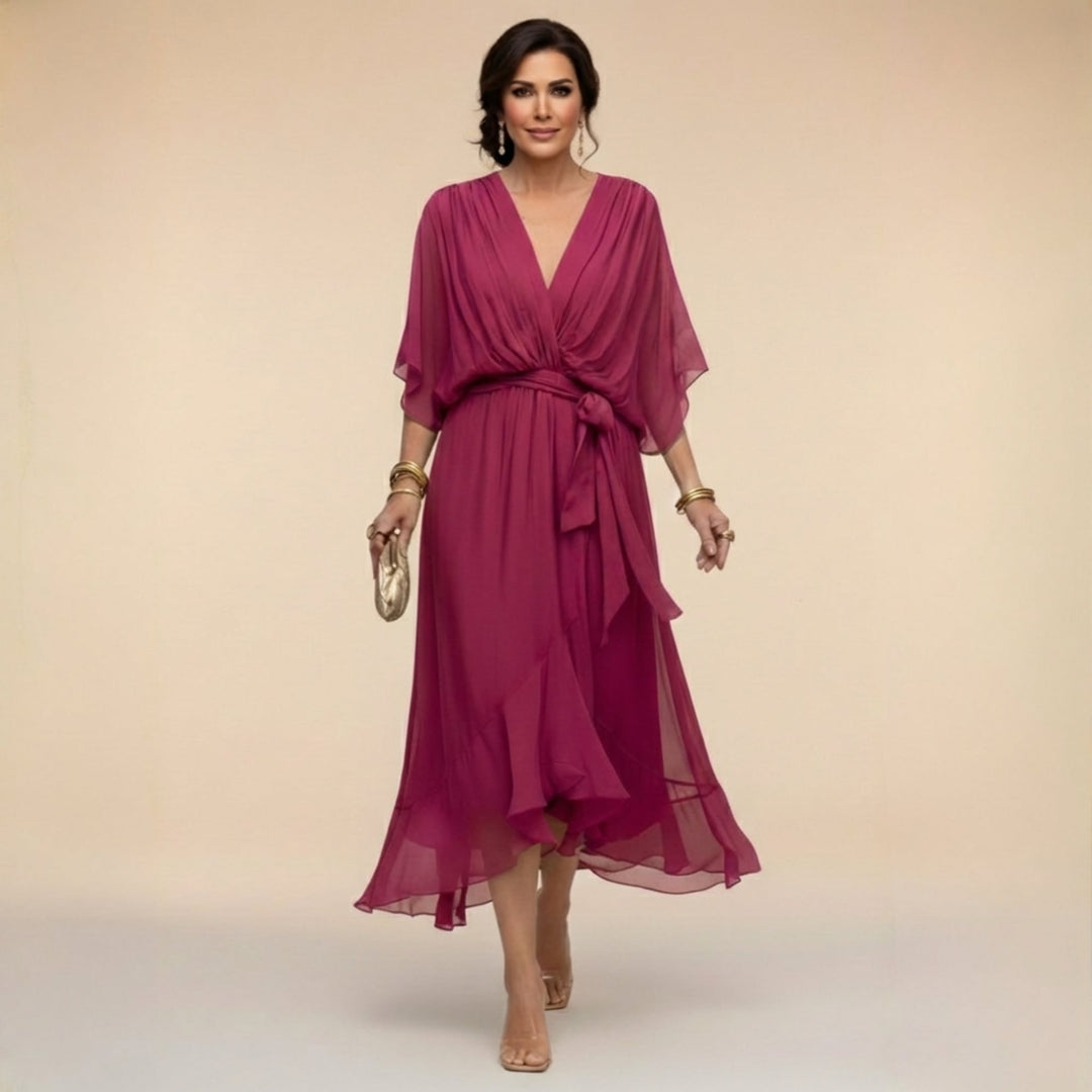 Women's wrap midi dress in pink with tie waist detail