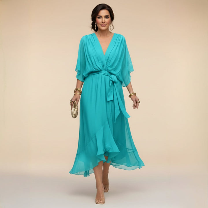 Women's wrap midi dress in navy blue with elegant V-neckline