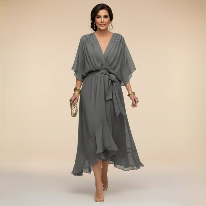Women's V-neck midi dress in gray with 3/4 sleeves and wrap silhouette
