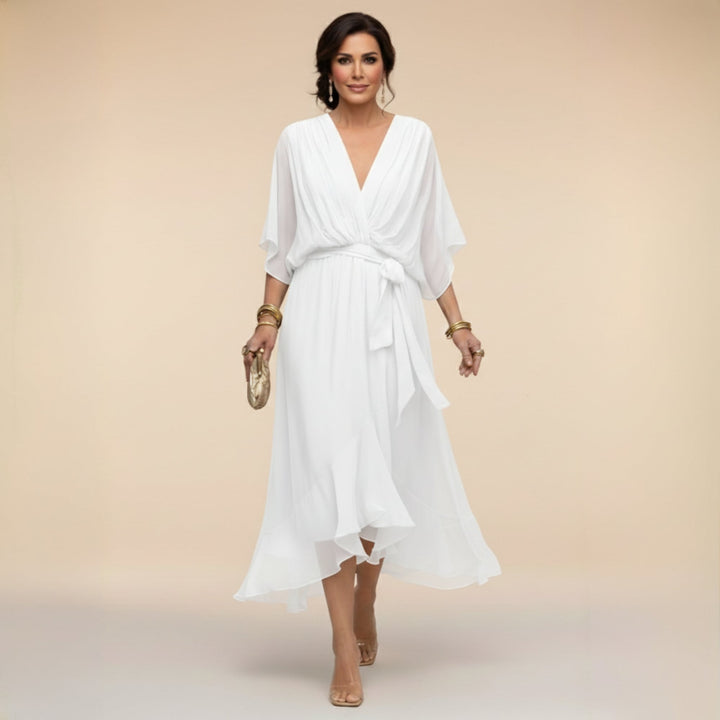 Women's wrap midi dress in white perfect for spring and summer occasions