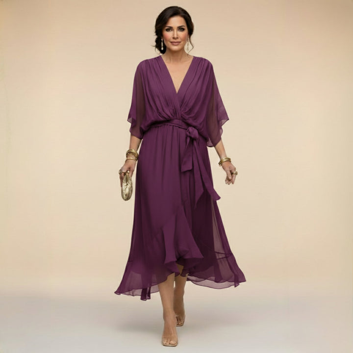 Women's V-neck wrap midi dress in purple with adjustable tie waist