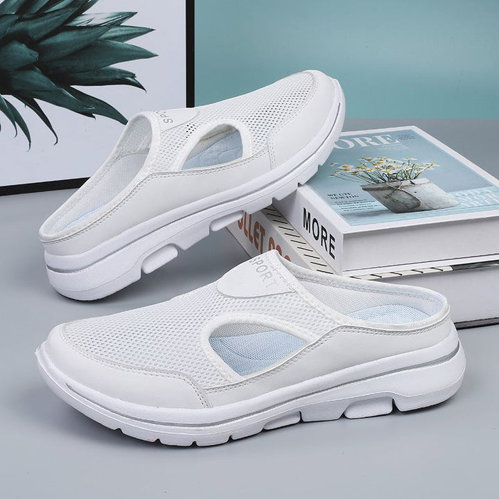 Peony cushioned sandals worn on feet showing fit and profile
