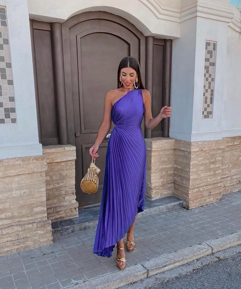 Front view of the Peony one-shoulder asymmetric midi dress in purple