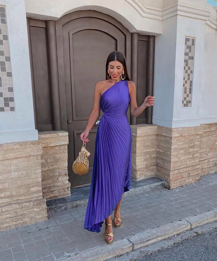 Front view of the Peony one-shoulder asymmetric midi dress in purple