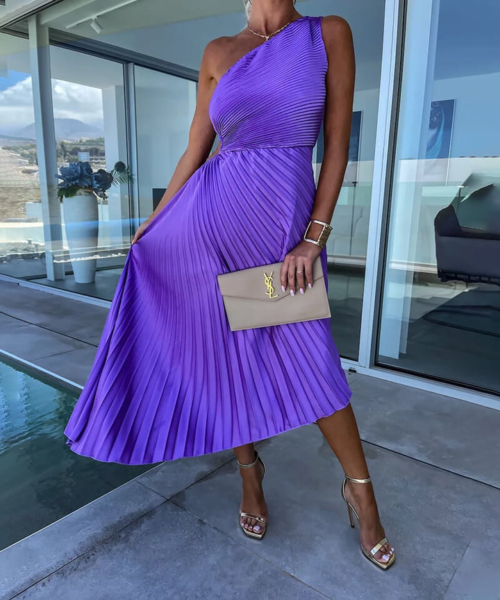 Back view of the Peony one-shoulder midi dress in purple