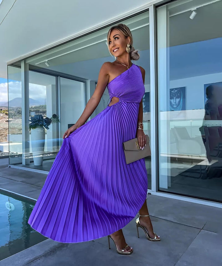 Three-quarter view of the Peony one-shoulder midi dress highlighting the silhouette