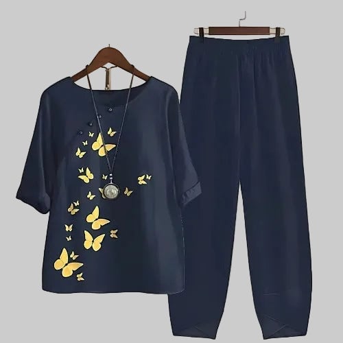 Women's butterfly print two piece set with short sleeve top and wide leg pants in Navy Blue