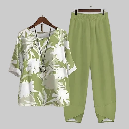 Women's butterfly print set shown in Khaki colorway with relaxed wide leg silhouette