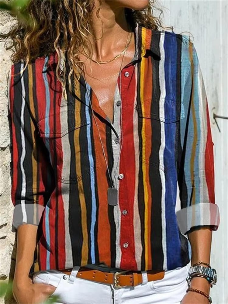 Flat lay of the Petra button-down shirt in gray displaying the full geometric print pattern