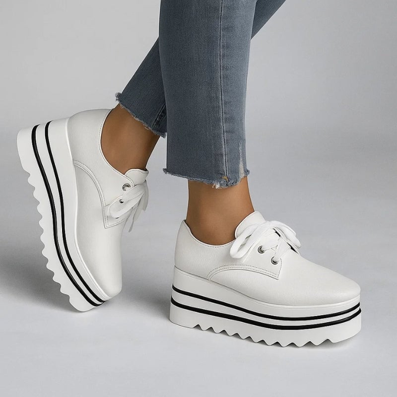 Petra platform Oxford wedge sneaker in beige, side profile showing thick layered striped midsole