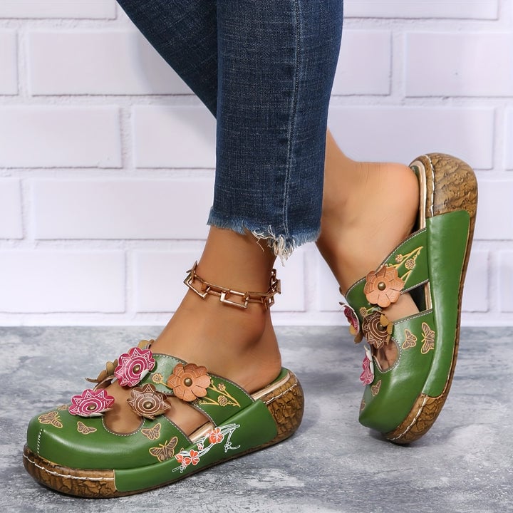 Phoebe women's wedge sandals in green displayed flat lay showing both sandals side by side