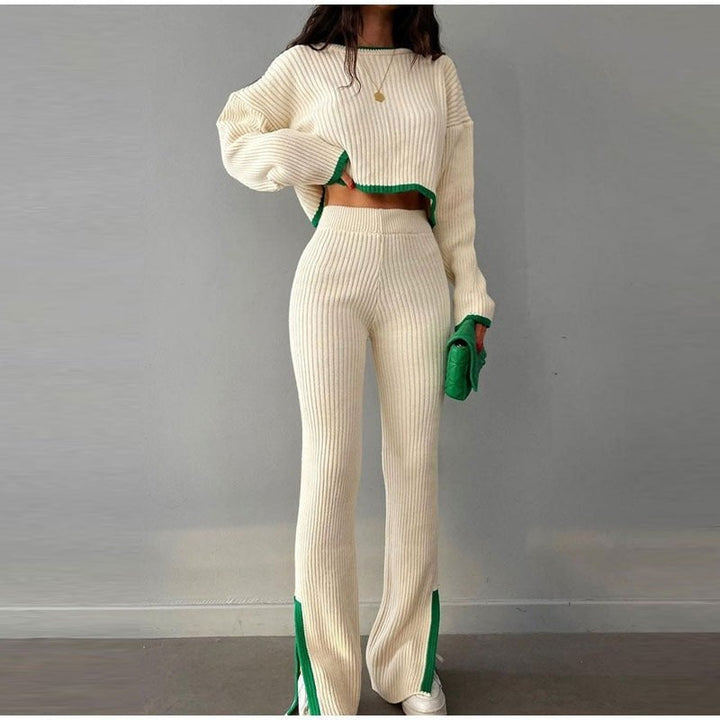 Model wearing a beige and green knitted cropped sweater and high-waisted pants two-piece set