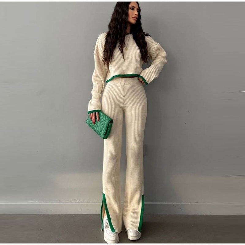 Front view of the Piper knitted two-piece set in black with contrast details