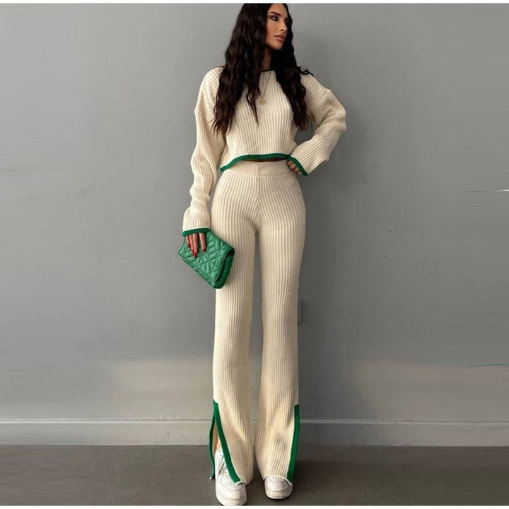Front view of the Piper knitted two-piece set in black with contrast details
