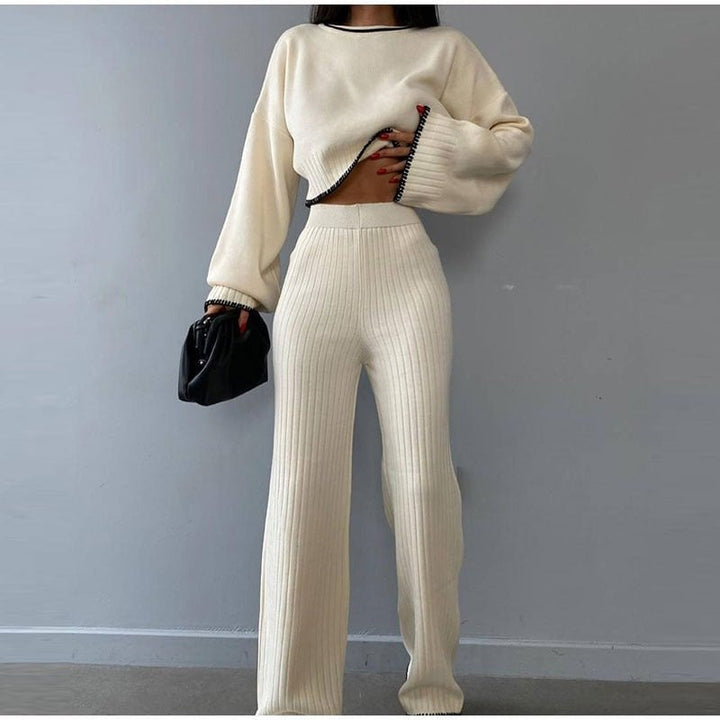 Back view of the Piper knitted two-piece set in white and black