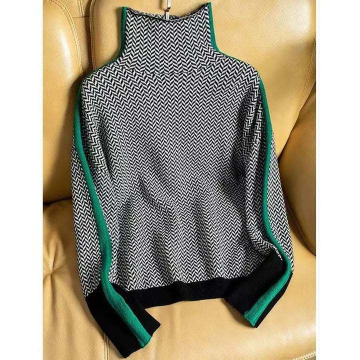 Close-up of the herringbone pattern and soft fabric detail on the Florimay luxe turtleneck