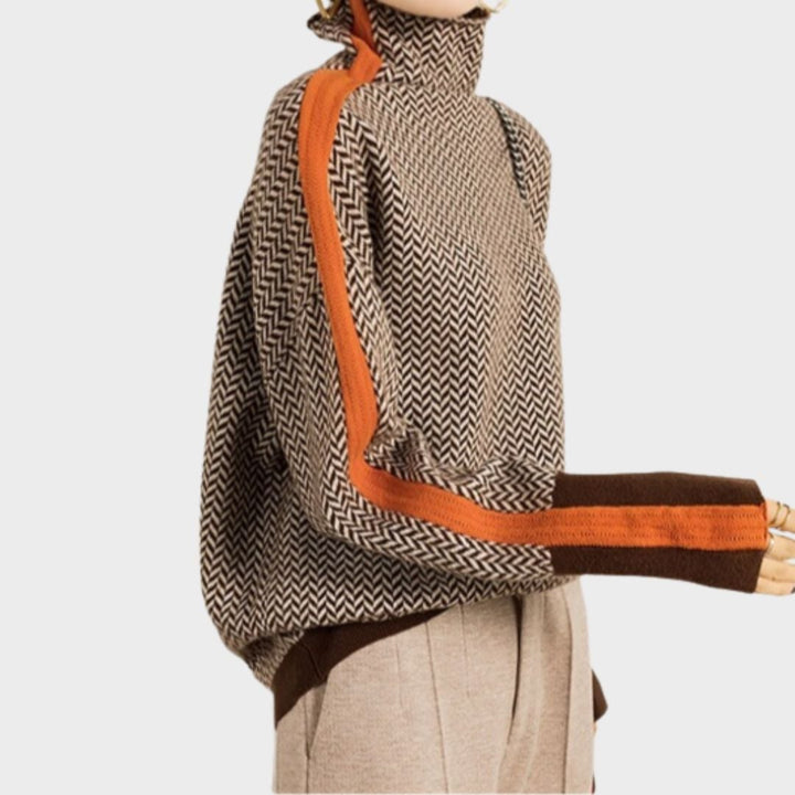 Side view of the Florimay herringbone turtleneck in green, highlighting the smooth drape and length