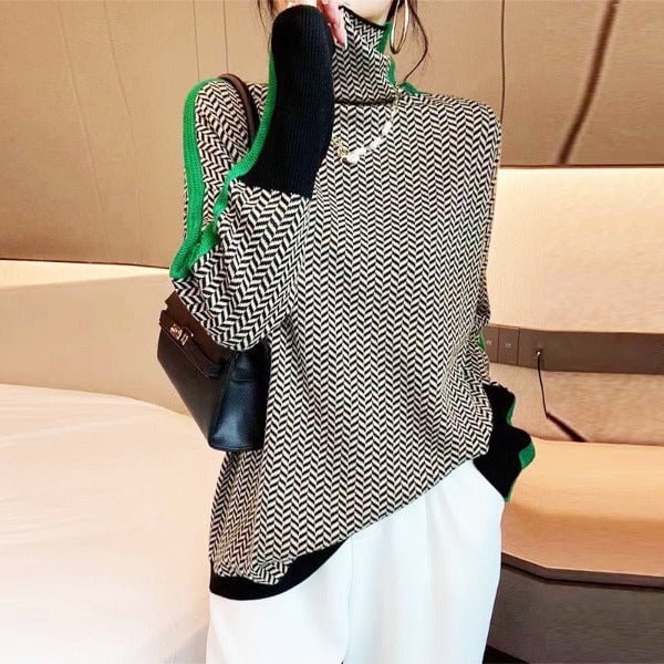 Lifestyle shot of the Florimay herringbone luxe turtleneck worn casually for an everyday look