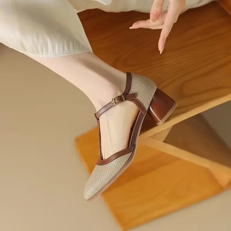 Piper off-white square toe block heel pump, back view showing heel height