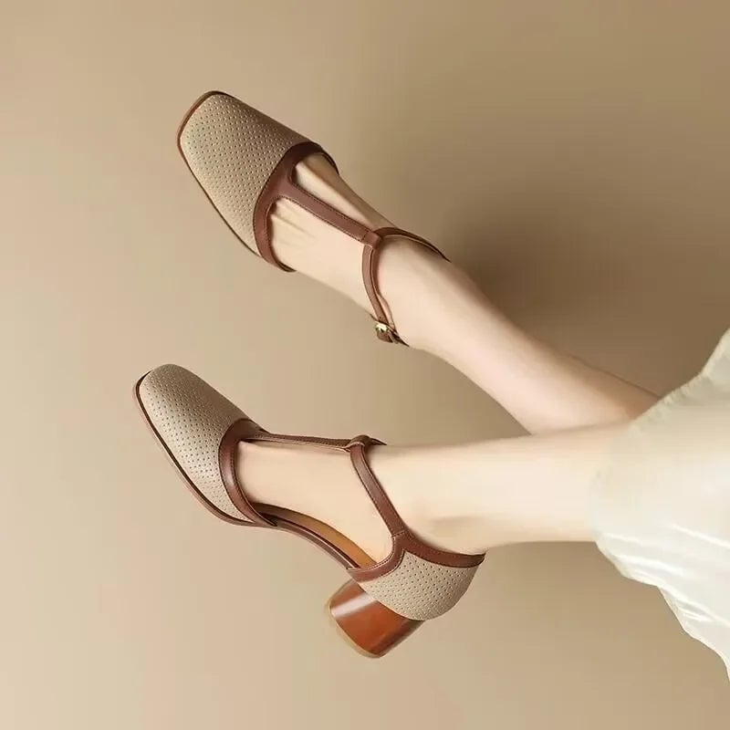 Piper T-strap block heel pumps in off-white and beige side by side for color comparison