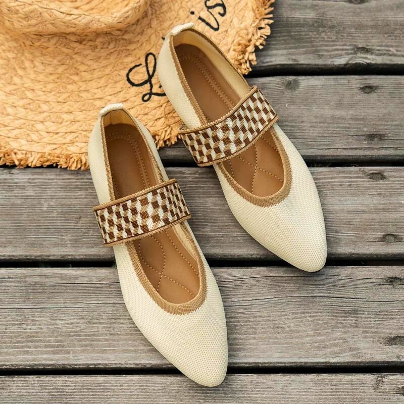 Pippa pointed toe knit mary jane flats in beige with gingham elastic strap, side view