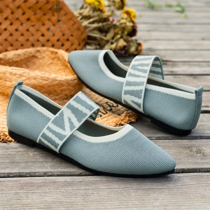 Pippa mary jane flats in gray, top-down view showing pointed knit toe