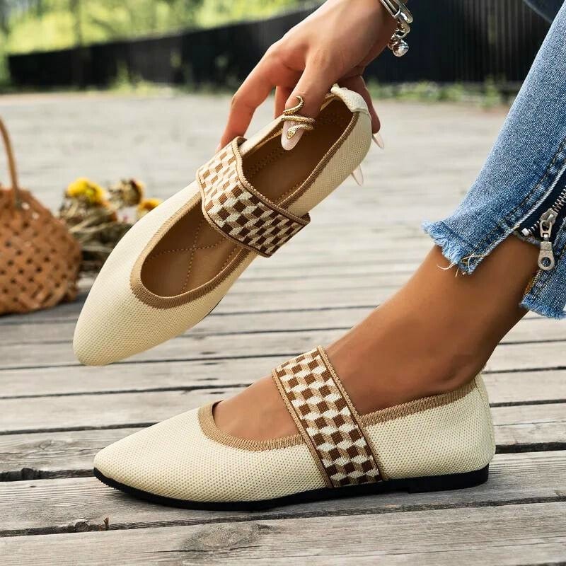 Pair of Pippa knit mary jane flats in all four colors — beige, green, black, and gray