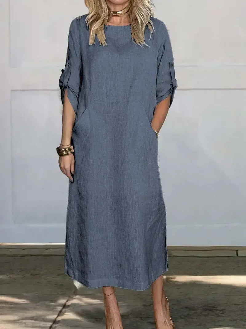 Side view of the Poppy dress highlighting the lightweight, breathable fabric and easy fit