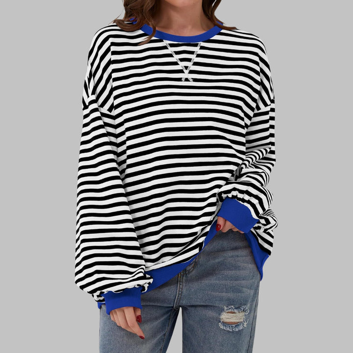 Front view of the Poppy striped oversized crewneck sweatshirt with contrast ribbed trim