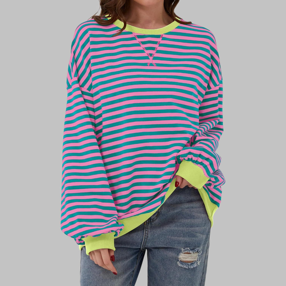 Back view of the Poppy striped oversized sweatshirt showing dropped shoulder detail