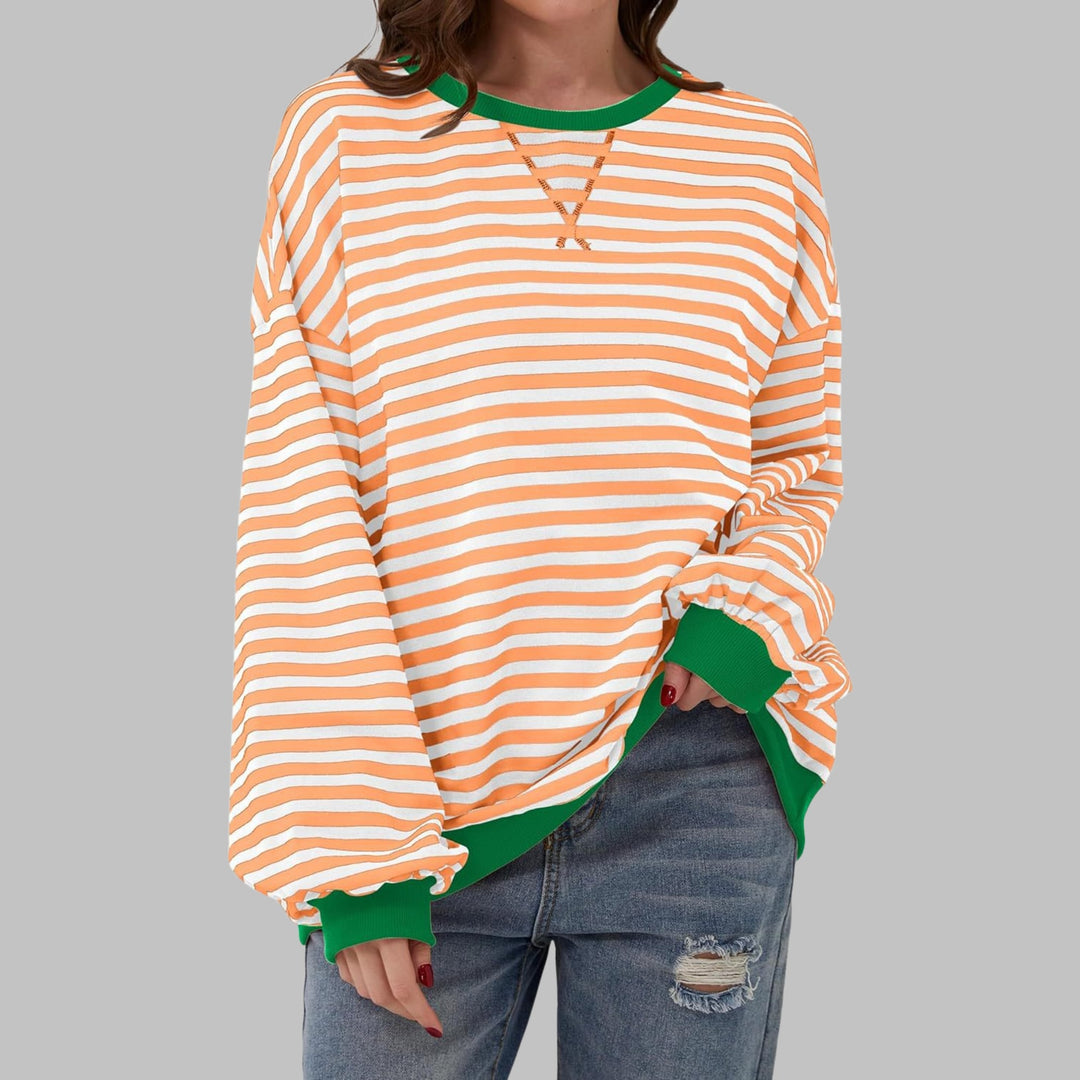 Detail shot of horizontal stripe pattern on the Poppy oversized sweatshirt