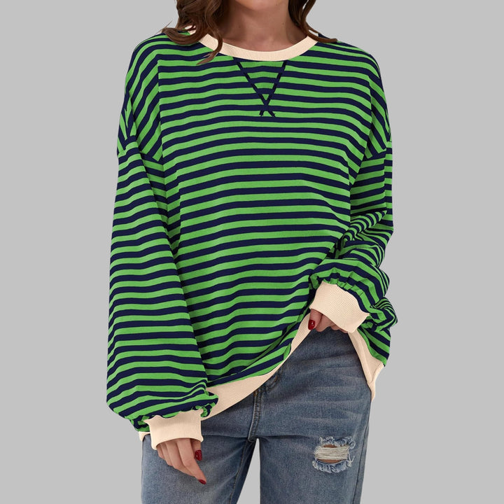 Poppy striped sweatshirt in Burgundy colorway front view on model