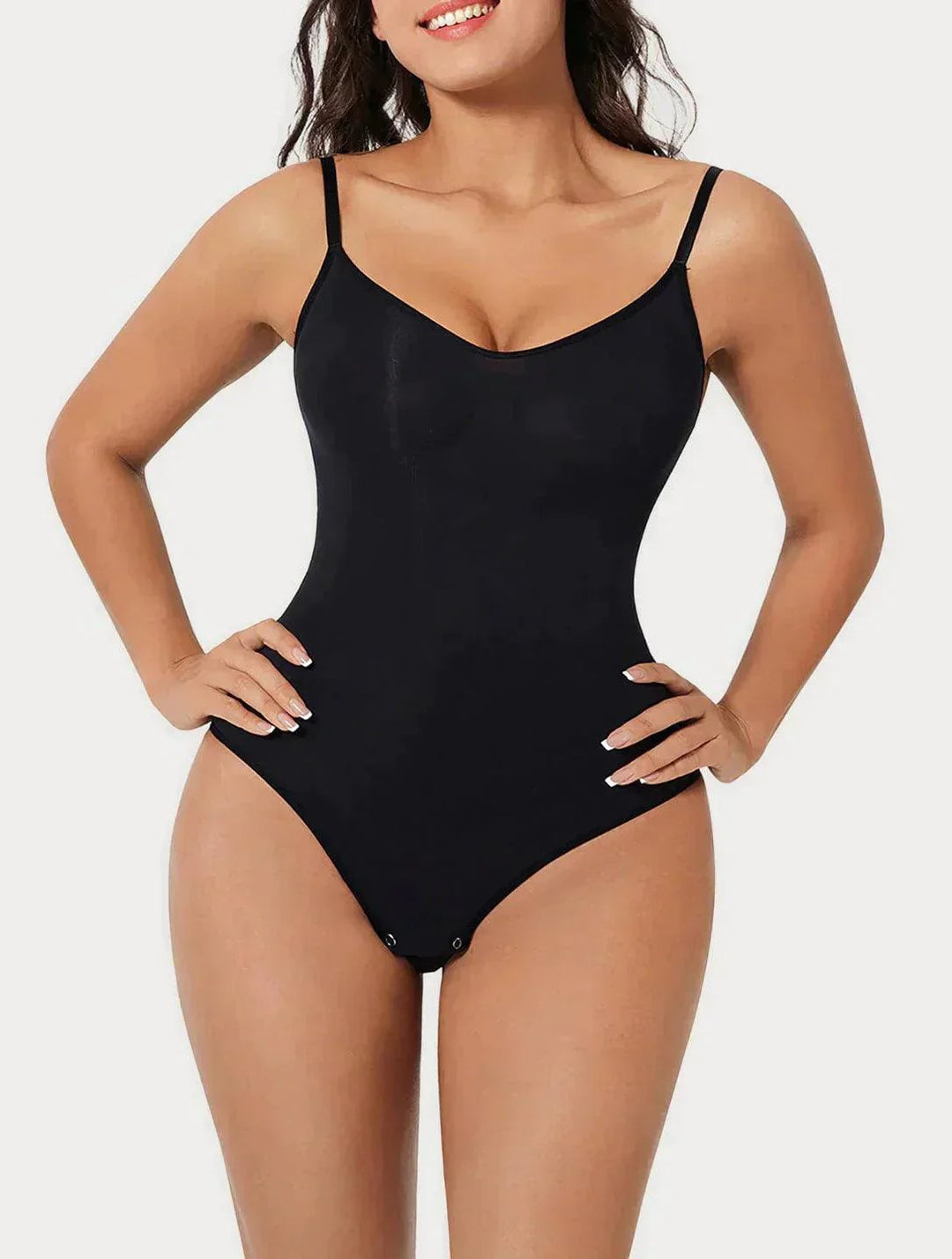 Front view of the PowerSculpt high-waisted shapewear bodysuit in black showing smooth tummy control panel