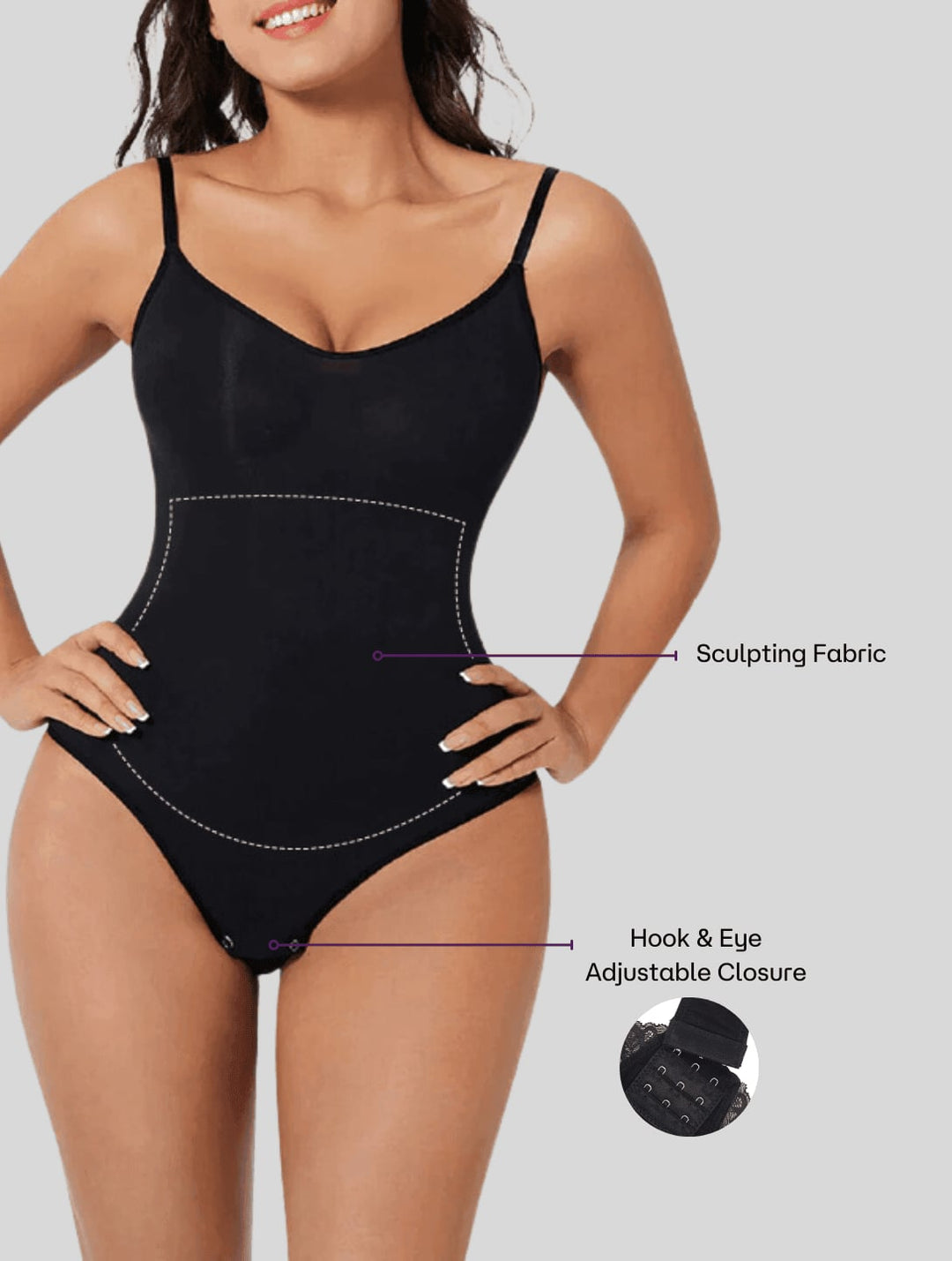 Model wearing the PowerSculpt shapewear bodysuit in nude under a fitted dress showing seamless silhouette