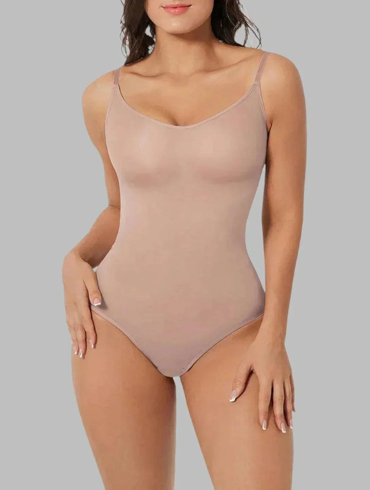 Flat lay of the PowerSculpt shapewear bodysuit in brown showing full silhouette and high-waist design